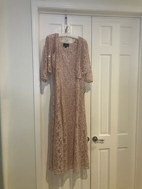 Sequin Lace A-Line Dress with 3/4 Sleeve Illusion Jacket, 14, Shell Pink